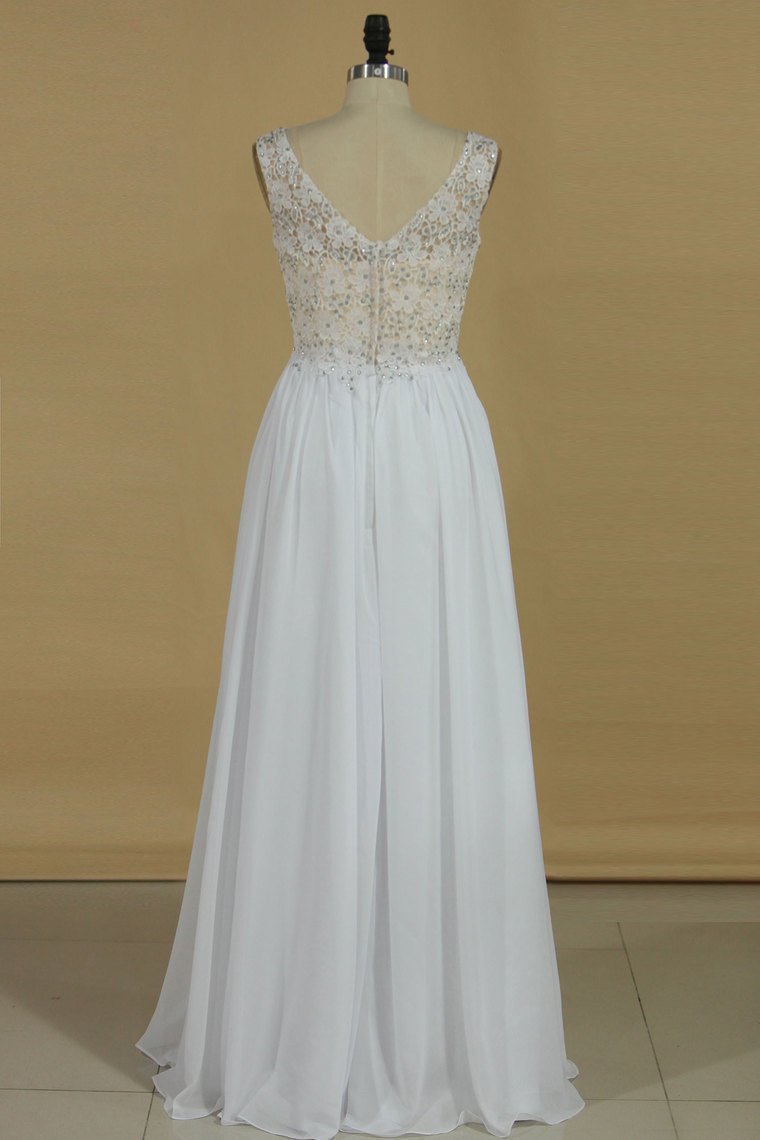 Chiffon & Lace Prom Dresses V Neck With Beading A Line Sweep
