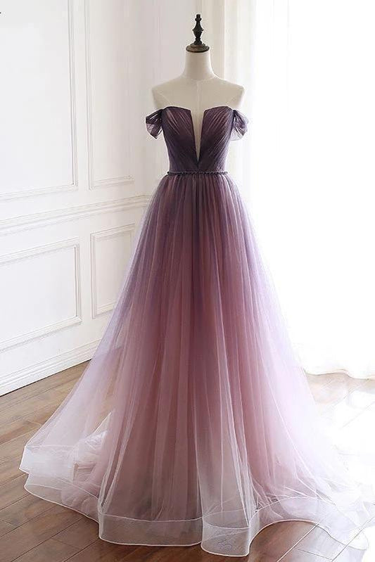 A Line Off the Shoulder Tulle Long Prom Dresses, Lace up Simple Party Dresses STC15008