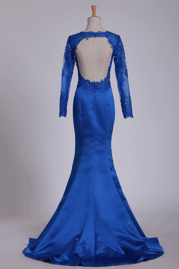 Royal Blue Prom Dresses Long Sleeves Mermaid/Trumpet Satin With Applique