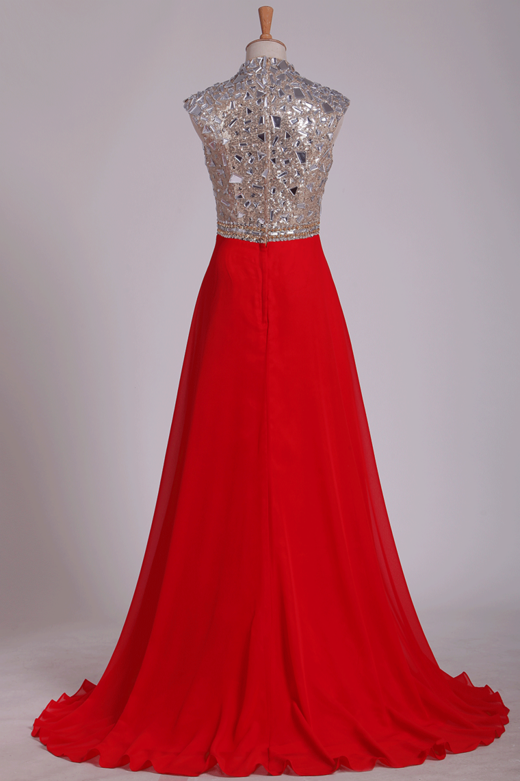 Prom Dresses V Neck A Line Beaded&Sequined With Slit Sweep Train