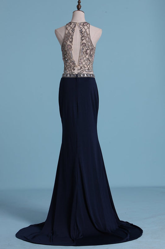 Two Pieces Prom Dresses Sheath With Beading And Slit Sweep