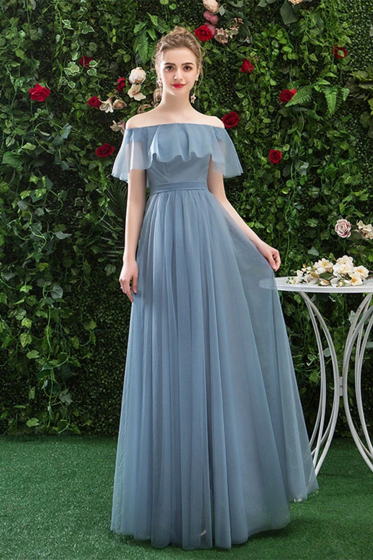 Cheap Off The Shoulder Tulle Long Prom Dress, Bridesmaid