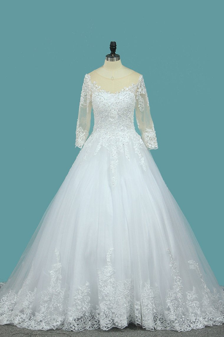 A Line 3/4 Length Sleeves Tulle Scoop Wedding Dresses With