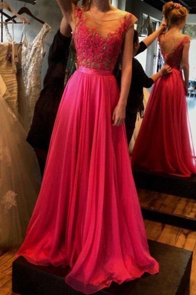 2024 Chiffon Prom Dresses Cap Sleeves A-Line Lace Up Scoop