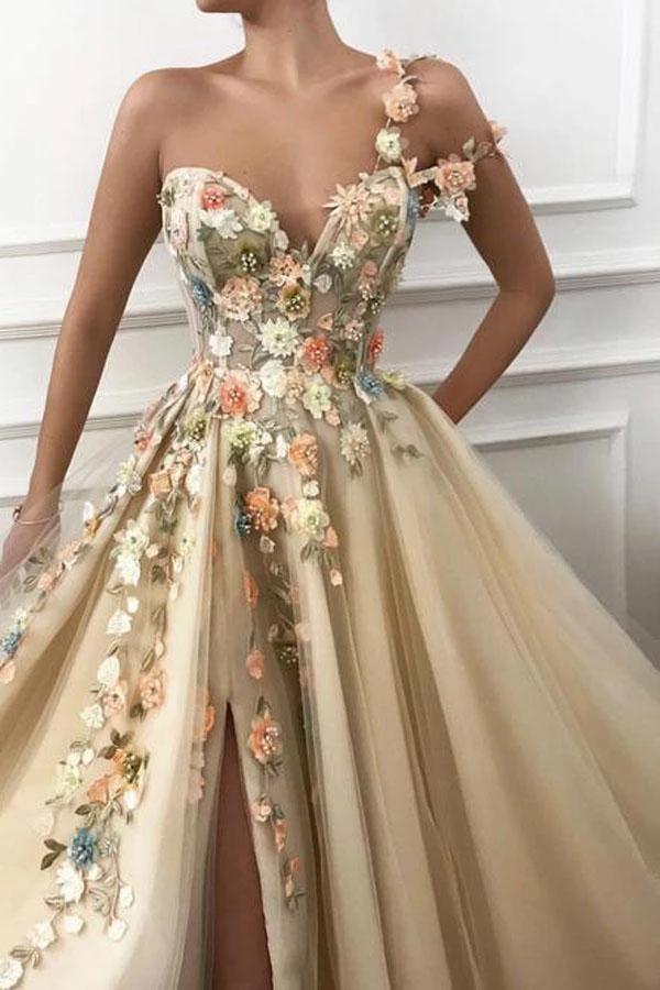 A Line One Shoulder V Neck 3D Flowers Prom Dresses, Tulle Sleeveless Evening Dresses STC15009