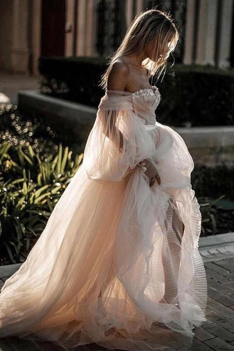 Princess Long Puff Sleeves Off The Shoulder Tulle Wedding Dresses, Beach Wedding