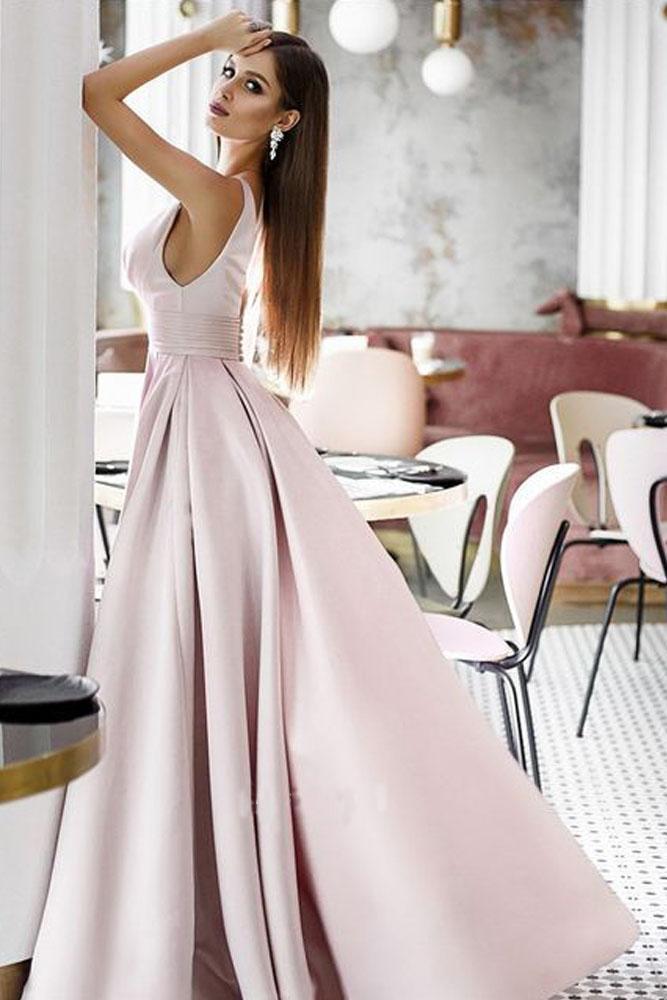 Vintage A Line Pink Satin Long Evening Dresses, Simple Dance Formal Dresses STC15541