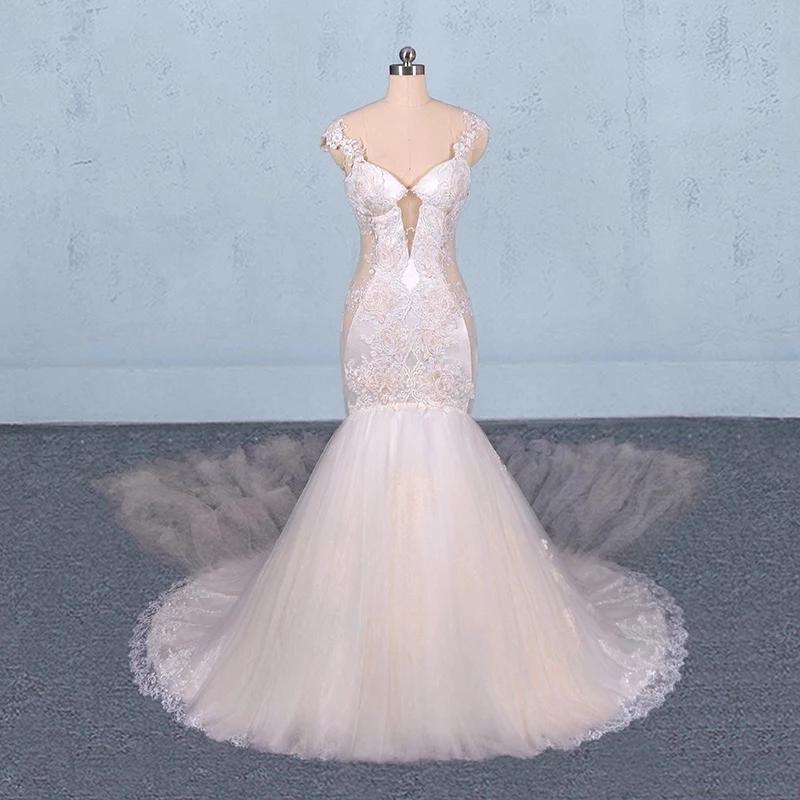 Charming Mermaid Tulle V-neck Wedding Dress, Sheer Back Long Bridal Dresses STC15112