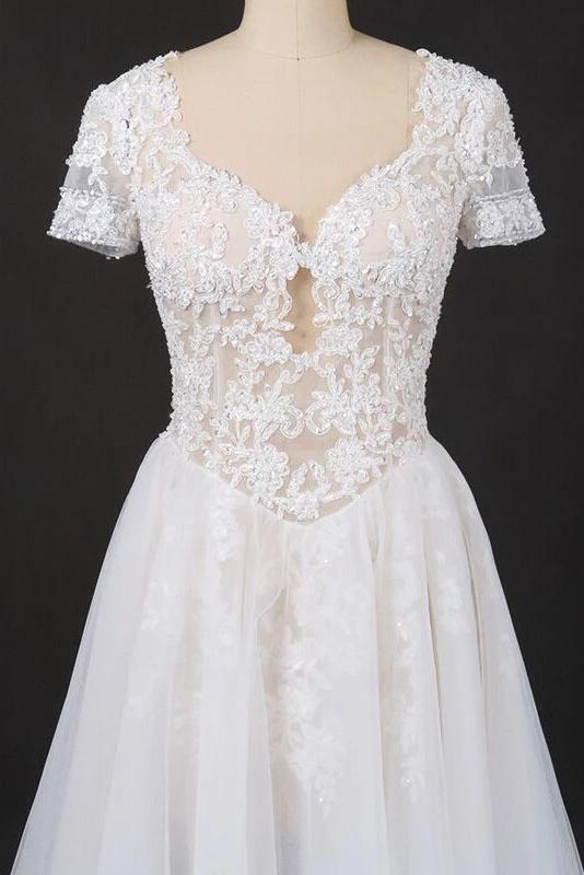 A-line Short Sleeves Beads V Neck Lace Applique Wedding Dresses, Bridal Dress STC15051