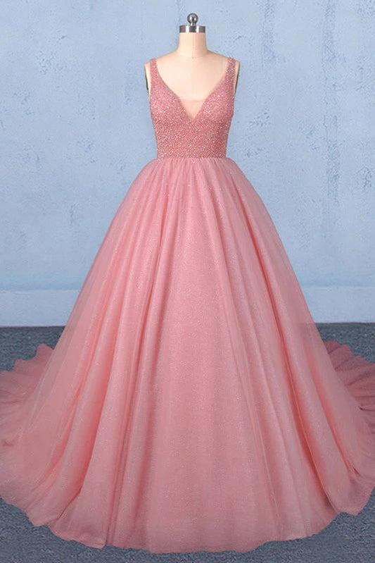 Ball Gown V Neck Tulle Prom Dress with Beads, Puffy Pink Sleeveless Quinceanera Dresses STC15074