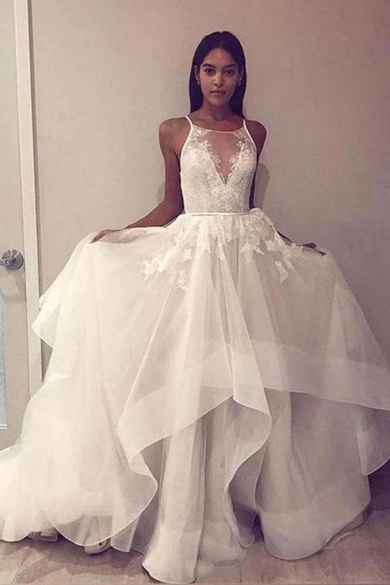 A Line Sleeveless Tulle Prom Dress With Appliques, Cheap Beach Wedding