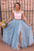 Two Piece Sky Blue Lace Thigh Split Off the Shoulder Prom Dresses with Rhinestone