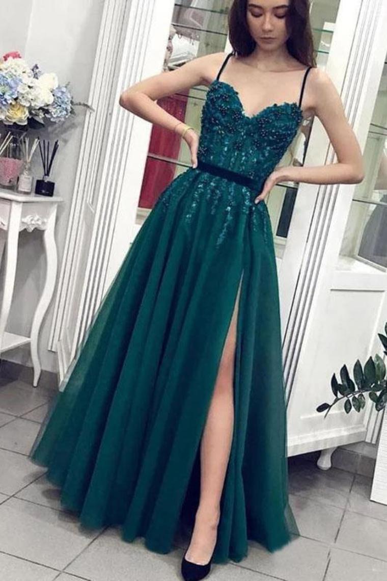 Charming A Line Tulle Spaghetti Straps Beading Prom Dresses Evening STCP6CP4ZJB