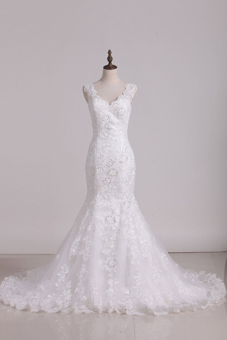 2024 Wedding Dress V Neck With Applique Mermaid/Trumpet Tulle Chapel