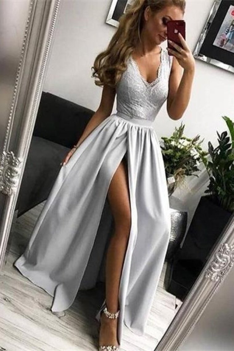 Front Split Sliver Lace Satin Long V-Neck Charming Elegant Prom Dresses Cute