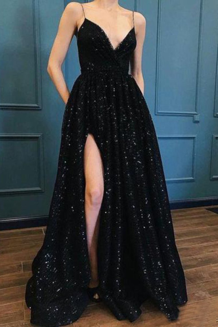 Sparkle Sequin Spaghetti Strap Black Long Prom Dresses With Slit Evening