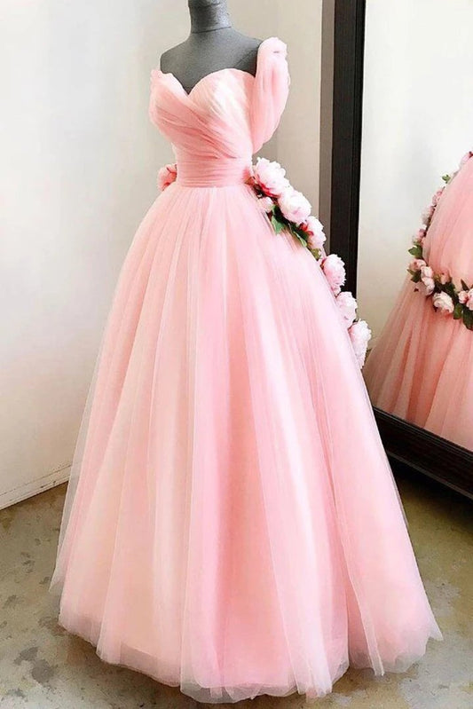 Charming Ball Gown Sweetheart Long Prom Dresses, Pink Sweet 16 Dress With Handmade Flowers STC15094