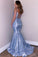 Glitter Spaghetti Straps V Neck Blue Mermaid V Neck Prom Dresses, Party STC15647