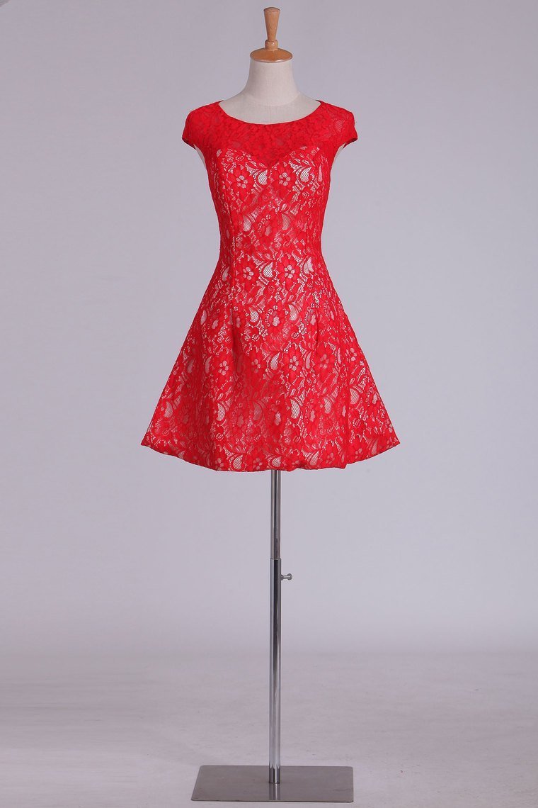 Lace Bateau Homecoming Dress A Line Red Short/Mini
