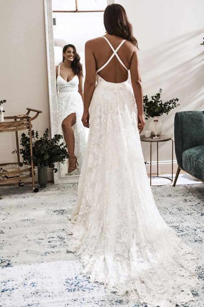 Elegant A Line V Neck Lace Ivory Beach Wedding Dresses with Slit, Bridal Gowns STC15579