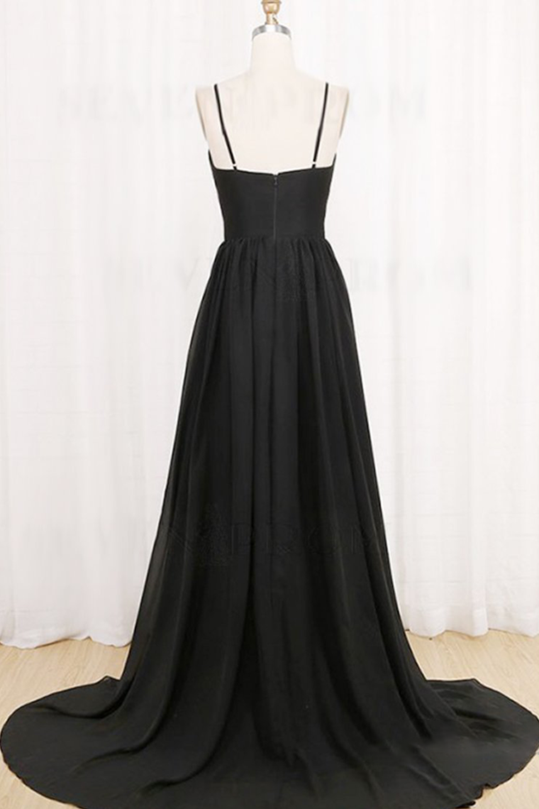 Simple Long A-Line Spaghetti Straps Black Prom Dress with Split