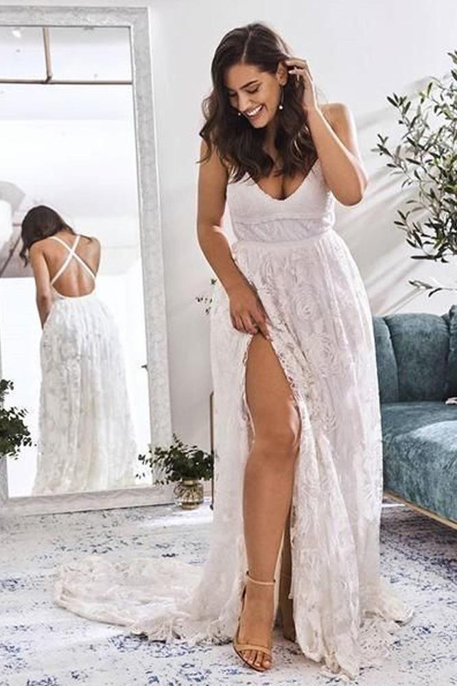 Elegant A Line V Neck Lace Ivory Beach Wedding Dresses with Slit, Bridal Gowns STC15579