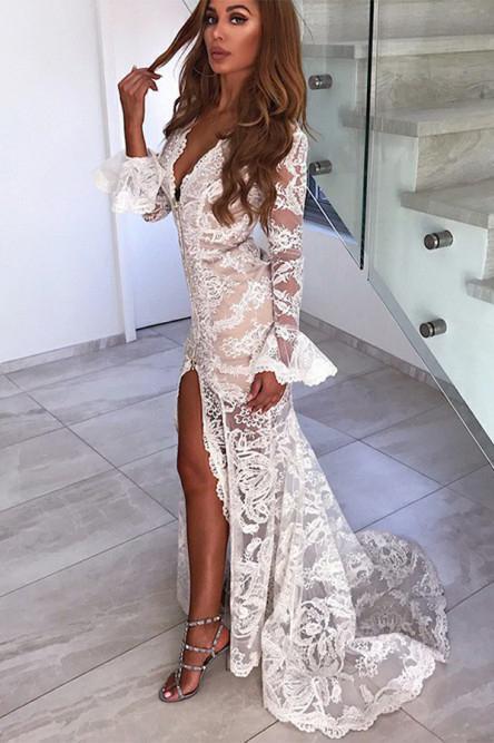 Long Sleeves Mermaid Lace V Neck Wedding Dresses with Slit, Wedding STC20423