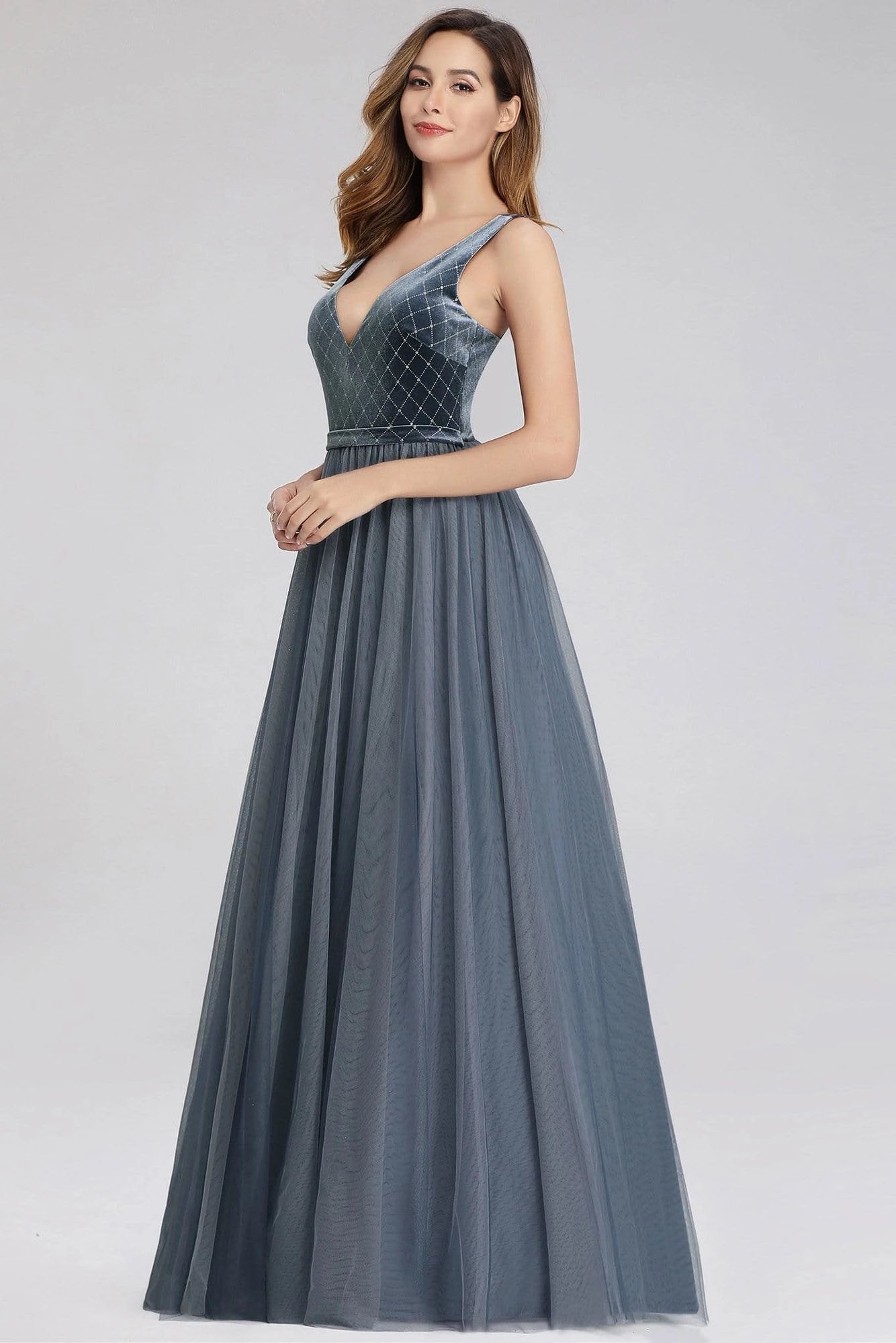 A-Line V-Neck Sleeveless Blue Floor-length Evening Dress Cheap Prom Dresses STC15055