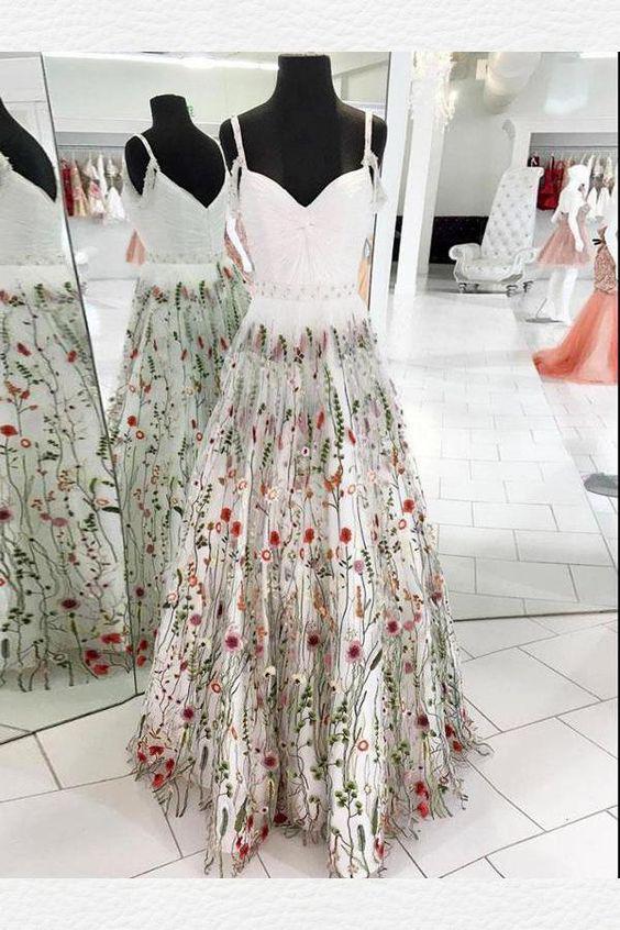 A-Line Spaghetti Straps White Appliqued Cheap Prom Dresses, V Neck Long Evening Dresses STC15052