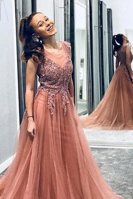 A Line Beaded Long Rosy Brown Tulle Prom Dresses, Round Neck Evening Dresses STC14991