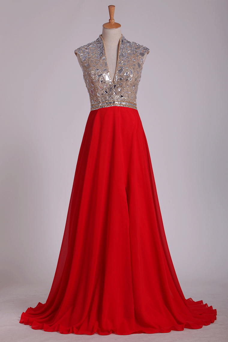 Prom Dresses V Neck A Line Beaded&Sequined With Slit Sweep Train