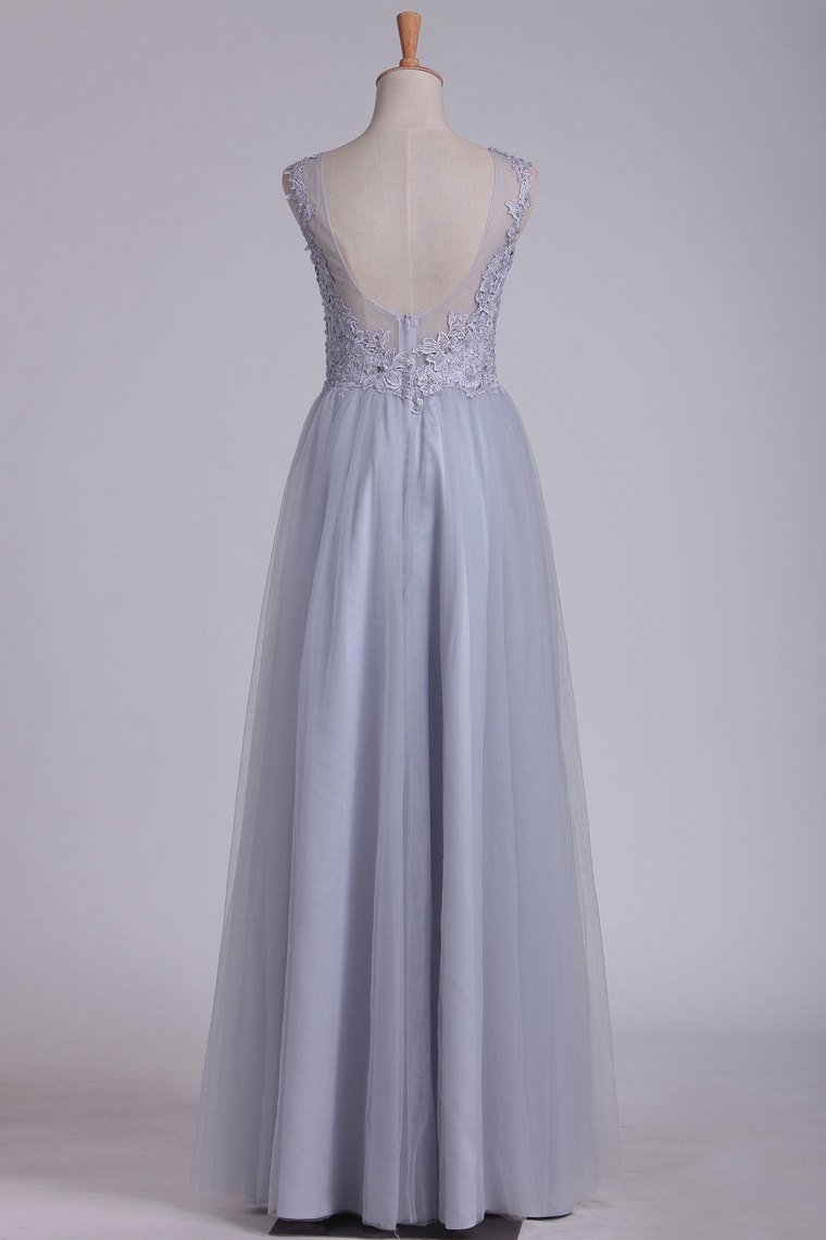 Prom Dresses A Line Bateau Tulle With Applique Floor Length