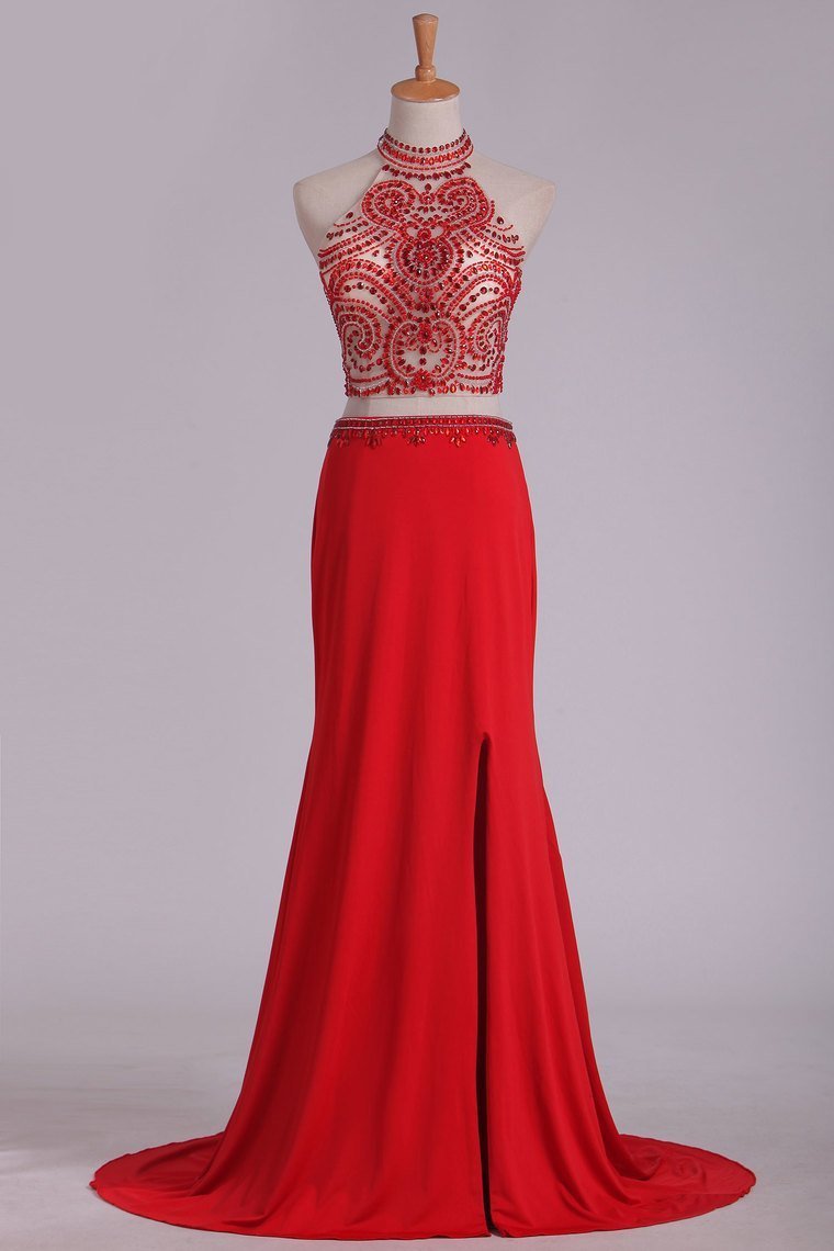 Prom Dresses See-Through High Neck Two Pieces Spandex With Slit And