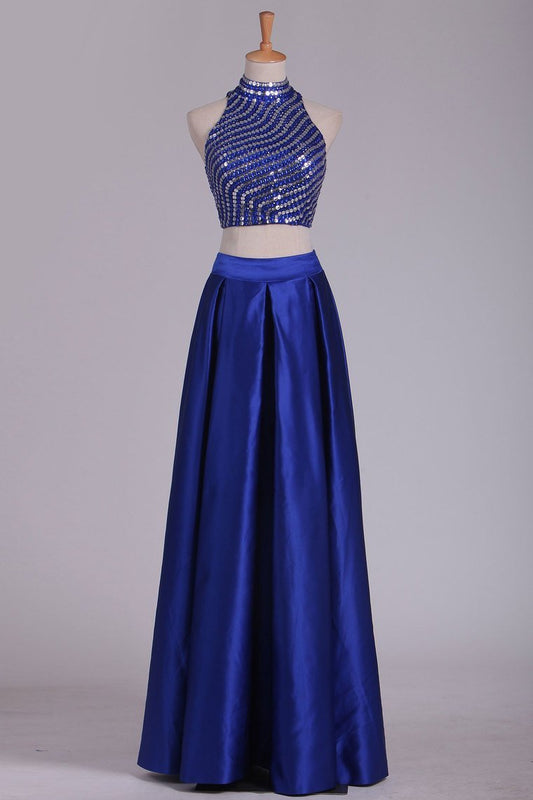 Two Pieces Prom Dresses High Neck Satin With Rhinestones And