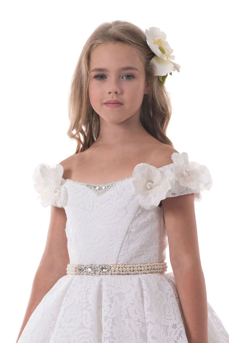 2024 Off The Shoulder A Line Lace Flower Girl Dresses With Handmade