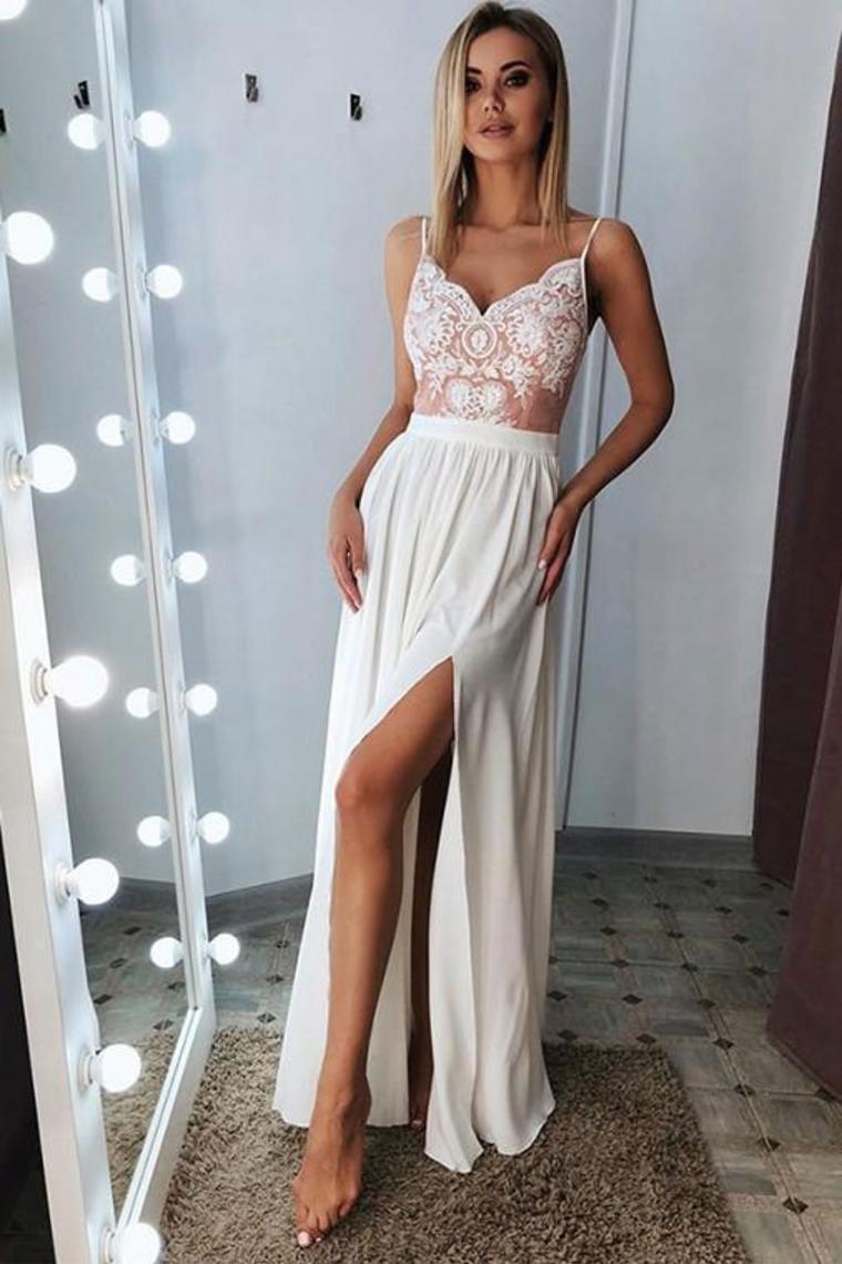 Classic A Line Spaghetti Straps Split Prom Dresses Long With Lace