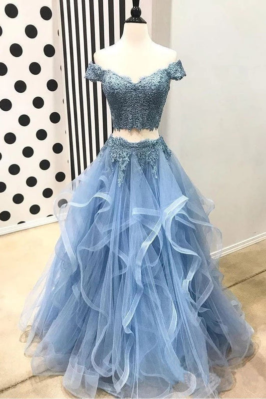 Blue Off the Shoulder Two Pieces Tulle Beads Prom Dresses with Lace Appliques STC15500