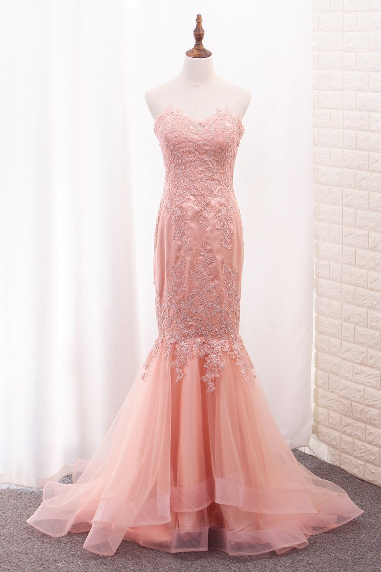Sweetheart Mermaid Tulle Prom Dresses With Applique