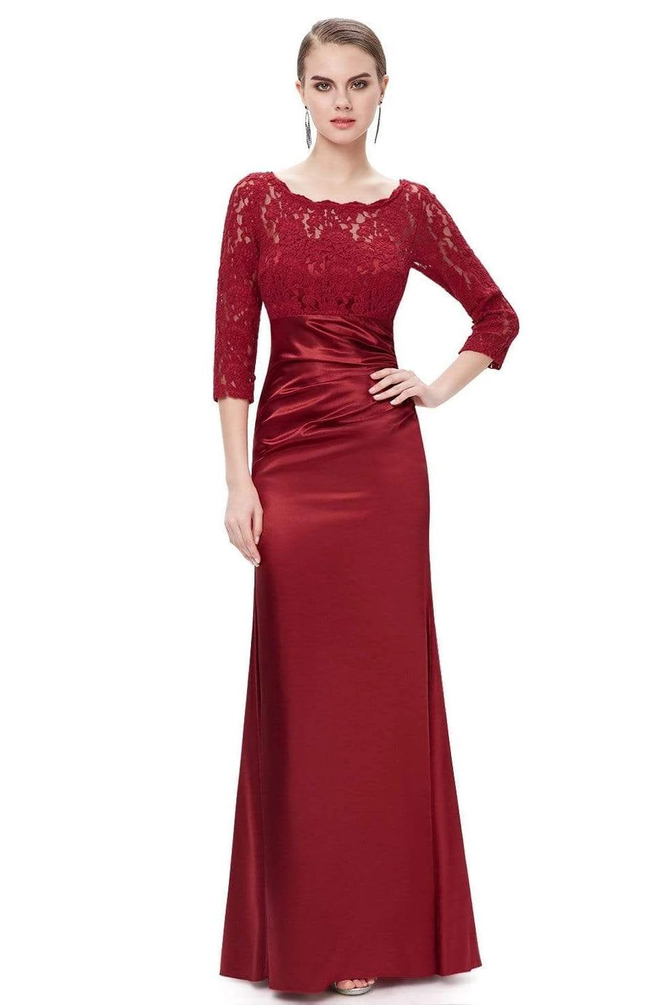 Elegant 3/4 Sleeve Lace Burgundy Formal Dresses Bateau Mermaid Evening Dresses STC15142
