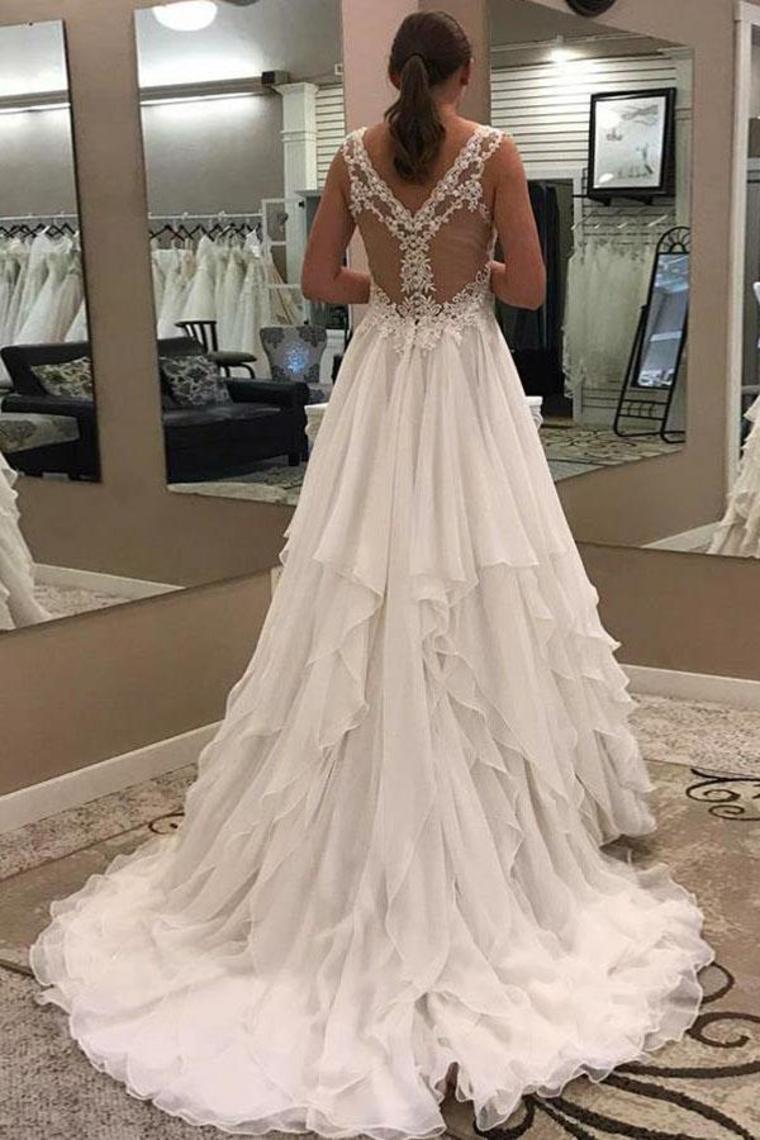 Ivory Lace Chiffon Long V-Neck Elegant Wedding Dresses Modest Wedding