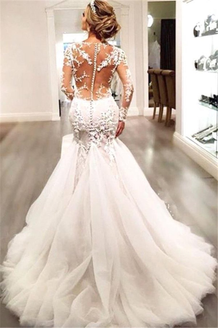 2024 V Neck Wedding Dresses Mermaid/Trumpet With Applique And Beads Sweep