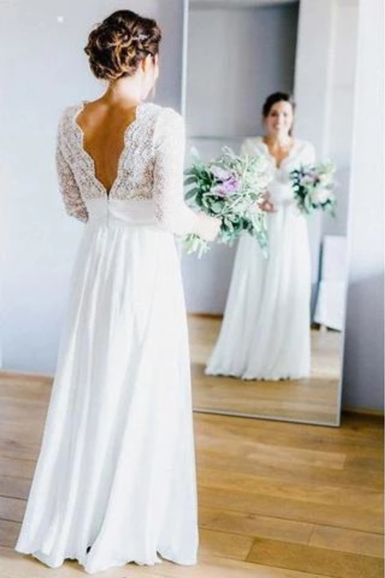 3/4 Sleeves Chiffon Beach Wedding Dress With Lace, V Neck Backless Bridal