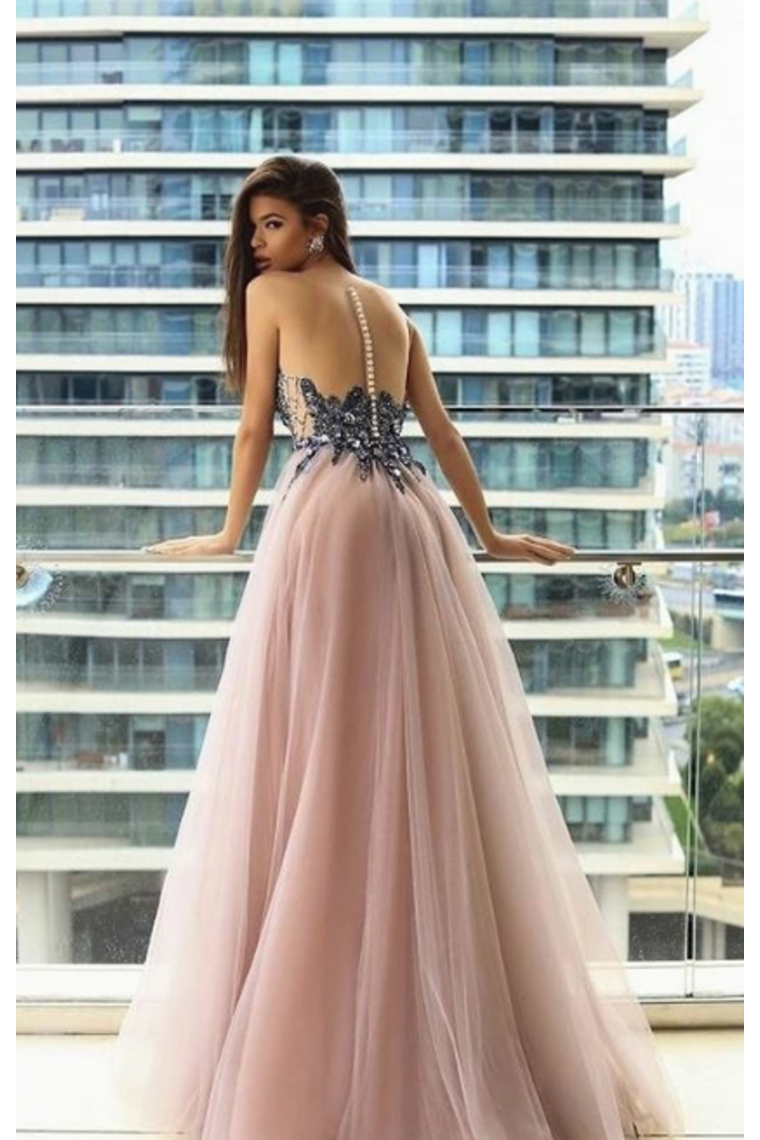 Scoop Prom Dress Tulle Scoop Floor Length Appliques Covered