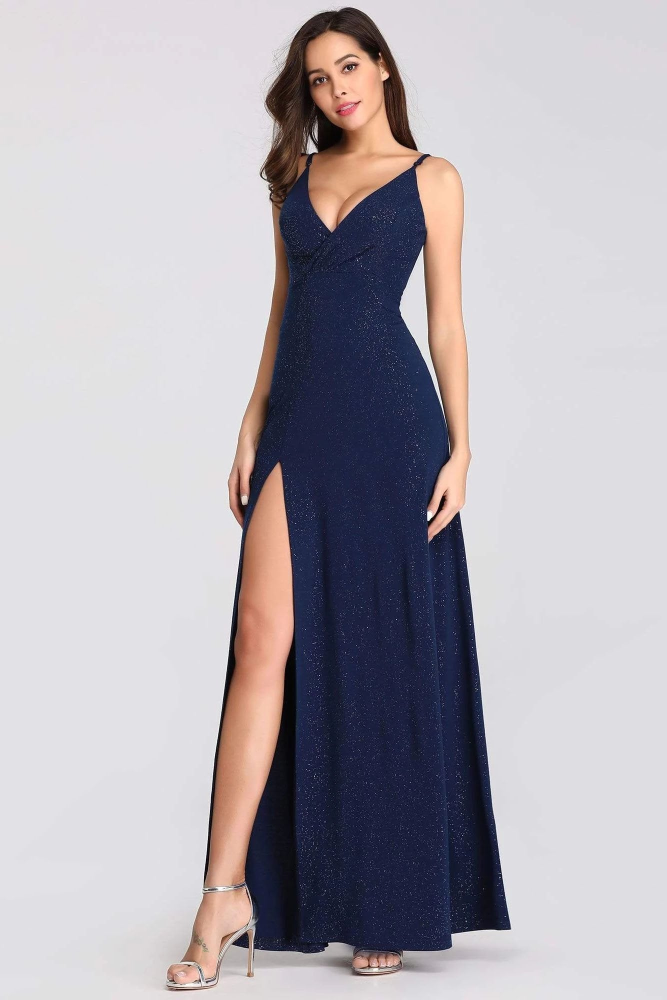 Sexy V Neck Long Spaghetti Straps Mermaid Navy Blue Prom Dresses with High Split STC15366