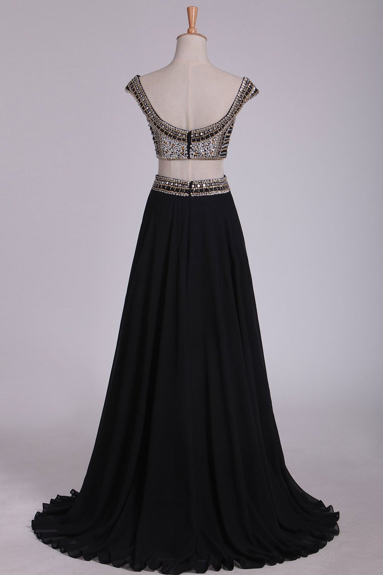 Off The Shoulder Two-Piece A Line Prom Dresses Chiffon With Beading Floor Length