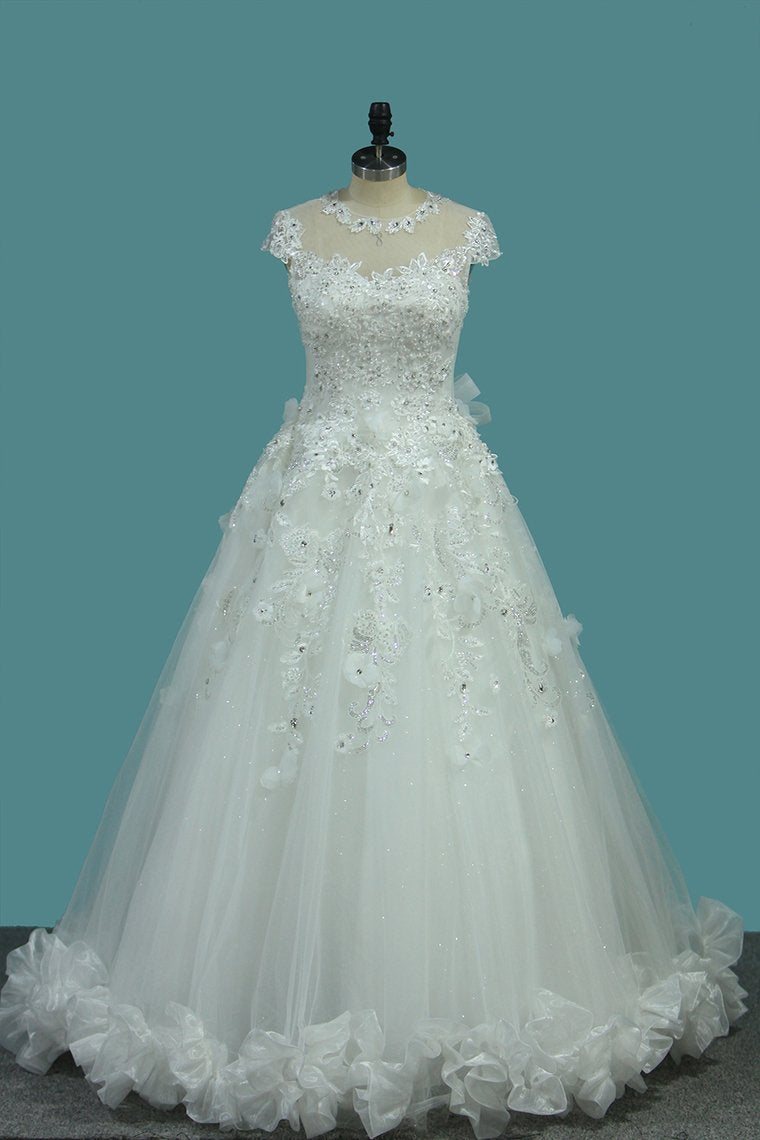 Top Quality Lace Ball Gown Cap Sleeve Wedding Dresses With Applique &