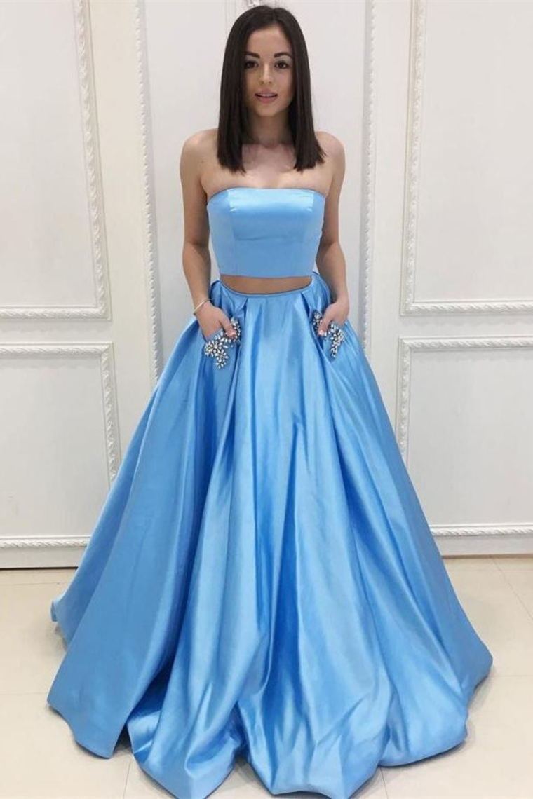 Pretty 2 Pieces Long A-Line Blue Strapless Prom Dresses With