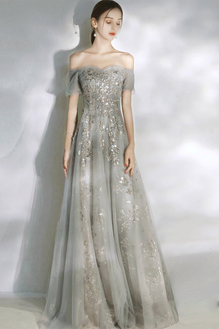 Off-the-Shoulder Prom Dress Glitter Grey Evening Dress