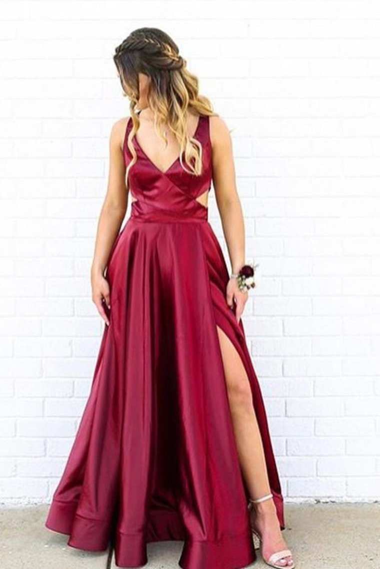V-Neck Side Split Burgundy Prom Dress With Cutout