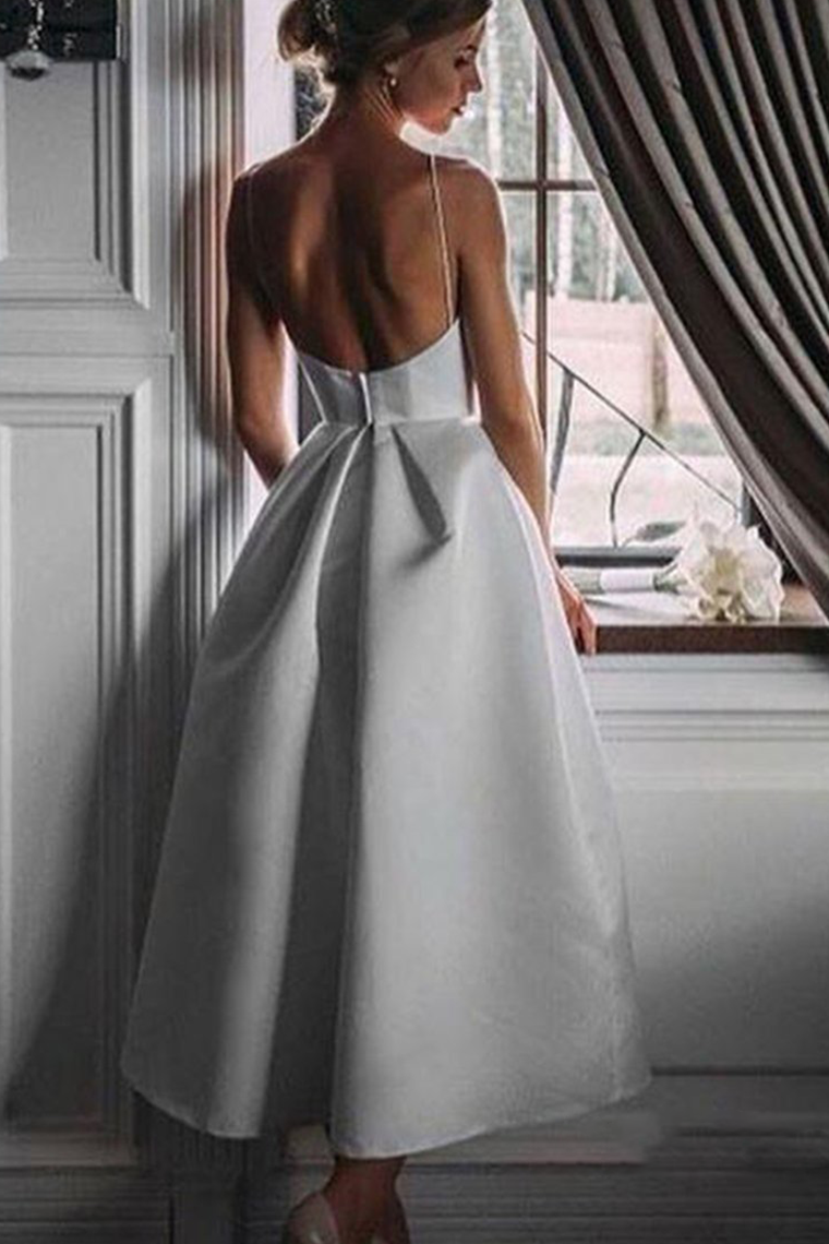 A-Line Tea-Length White Prom Dress with Pockets